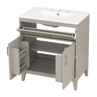 30" Bathroom Vanity With Sink Top, Soft Close Double Doors & Tip Out Drawer, Adjustable Interior Shelf, Door Mounted Organizers - Beige
