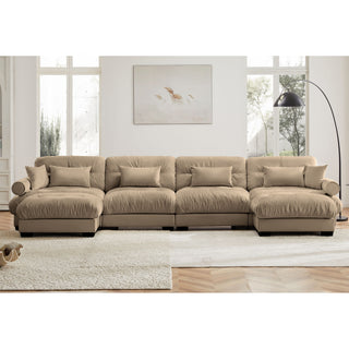 Modern Sectional Sofa With Ottoman, Round Bolster Armrests, Waist And Throw Pillows