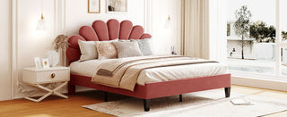 Upholstered Platform Bed With Flower Pattern Headboard