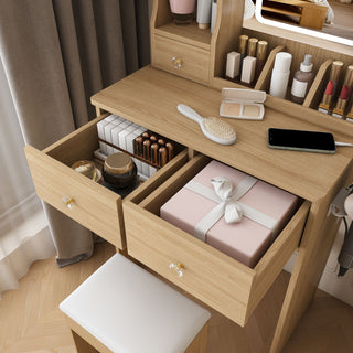 Small Vanity Desk With 3 LED Lighting Modes, 3 Drawers, Hair Dryer Holder, Power Socket, And Dressing Chair - Natural Walnut