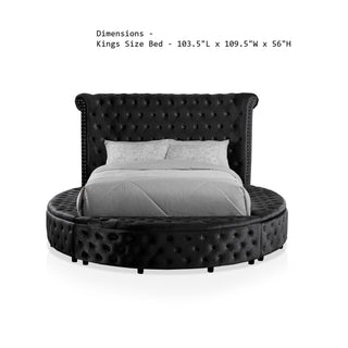 Glam Button Tufted Wingback Round Bed With Storage And USB Ports