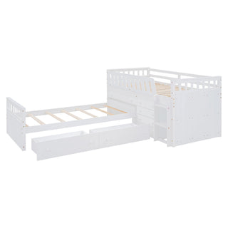 Loft Platform Bed With 7 Drawers And Full Guardrails, Modern L Shaped Space Savin