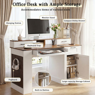 Office Desk With Storage Cabinet, Charging Station, Monitor Stand & Pegboard