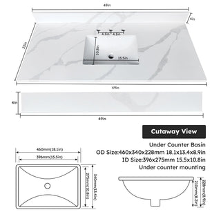 Bathroom Vanity Top With Undermount Sink, 3 Pre Drilled Holes