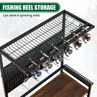 Fishing Rod Storage Rack With Pegboard, Rolling Tackle Organizer Cart - Black