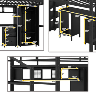 Full Size Loft Bed With Desk Set And Wardrobe - Black