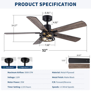 Ceiling Fan With Light, Dual‑Sided Matte Black & Wood Grain Blades - Black