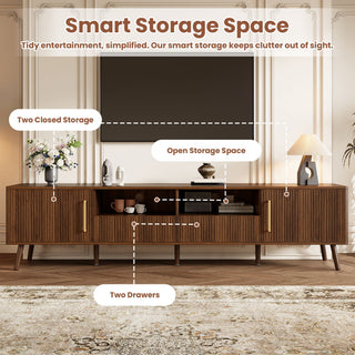 78" TV Stand For 85" TVs With Fluted Doors, Open Shelf, Cable Management - Walnut