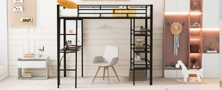 Loft Metal Bed With 3 Layers Of Shelves And Desk, Stylish Metal Frame Bed With board