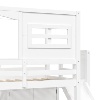 Twin Size Loft Bed With Wardrobe, Storage Shelves, Slide And LED - White