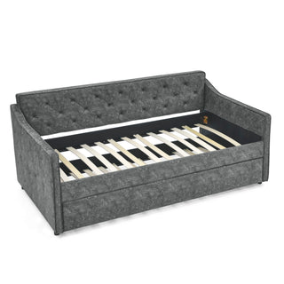 Twin Upholstered Daybed With Trundle, Waved Arms - Gray