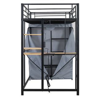 Loft Bed With Desk, Shelves, Power Outlet, LED Light And Wardrobe