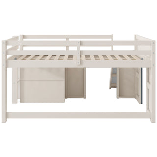 Modern Low Loft Bed With Slide, 3 Storage Drawers, And 2 Doors