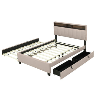 Upholstered Platform Bed With Storage Headboard, Trundle & 2 Drawers And A Set Of Sockets & USB Ports