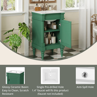 Bathroom Vanity With Sink, Compact Storage Cabinet With Door, Adjustable Shelf, Rectangular Style - Green