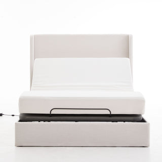 Caron - Queen Size Upholstered Wingback Bed With Adjustable Base Bundle Set - Ivory