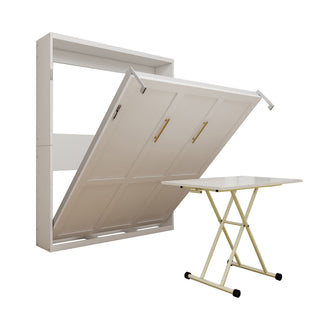 Queen Size Wall Mounted Murphy Bed With Manual Height Adjustable Desk, Cabinet & Frame & Computer Desk - White