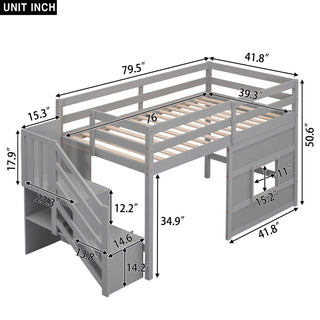 Loft Bed With Storage Staircase, Window & LED Light