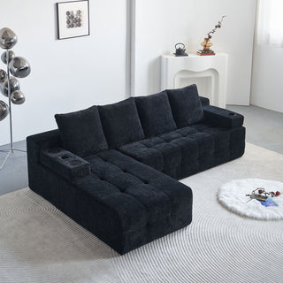 L - Shaped Sectional Sofa With Side Pockets, Wireless Charging, USB Ports, Cup Holder, Bluetooth Speaker, Reversible Lounge Chaise - Black