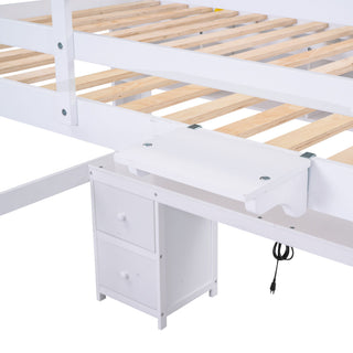 Full Size Loft Bed With Desk, Cabinets, Drawers, Charging Station And Bedside Tray, Sturdy Frame, No Box Spring Required - White