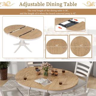 Trexm 5-Piece Retro Functional Dining Table Set Wood Round Extendable Dining Table And 4 Upholstered Dining Chairs (Off White)