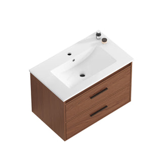 Wall Mounting Bathroom Vanity With Soft Close 2 Drawer, Sink - Reddish Brown