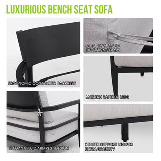 Outdoor Conversation Set With Chairs, Bench Sofa, Tables, Sunbrella Cushions