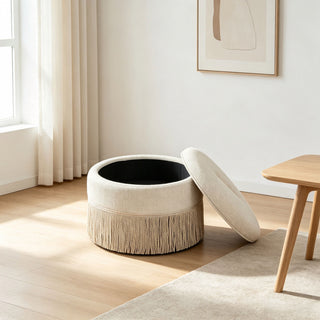 Round Storage Ottoman With Tassel, Decorative Accent Pouf For Living Room