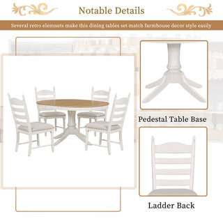 Trexm 5-Piece Retro Functional Dining Table Set Wood Round Extendable Dining Table And 4 Upholstered Dining Chairs (Off White)
