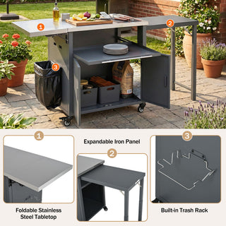 Foldable Outdoor Prep Station BBQ Cart With Trash Rack