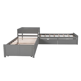 L Shaped Platform Bed With Trundle And Drawers Linked With Built In Desk