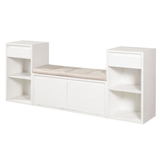Entryway Storage Bench With Cushion, Drawers & Open Shelves