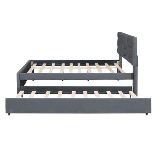 Upholstered Platform Bed With Brick Pattern Headboard And Twin Long Size Trundle