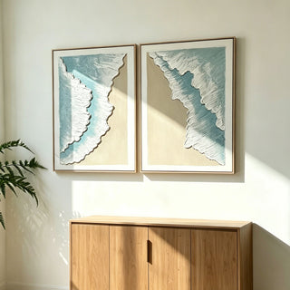 Framed Ocean Wave Wall Art, Textured Canvas Painting, Beach Decor For Living Room (Set of 2) - Aqua Blue