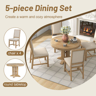 Dining Set & Extendable Round Table And 4 Upholstered Chairs