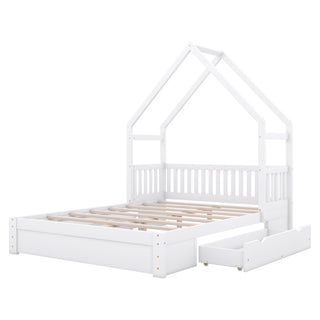 House Style Platform Bed With Guardrail And 2 Drawers