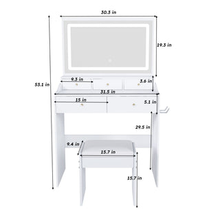 Modern Makeup Vanity Set With Power Outlet, Hair Dryer Holder, And Adjustable Lighting