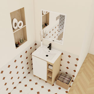 Freestanding Bathroom Vanity With Thin Rim Sink, Single Door With 4 Tier Open Shelves - Light Oak / White