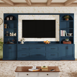 Arched Entertainment Center Wall Unit With 6 Drawers, Large TV Stand With Bookshelves
