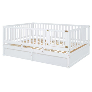 Daybed With Fence Guardrails And 2 Drawers, Split Into Independent Floor Bed & Daybed