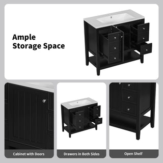 36" Bathroom Vanity Base With 2 Cabinet And 3 Drawers - Black