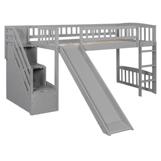 Loft Stairway Bed With 2 Drawers, Convertible Ladder And Slide