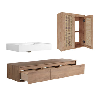 Modern Wall Mounted Bathroom Vanity With Resin Sink And 2 Side Cabinet, Imitative, Construction - Imitative Oak
