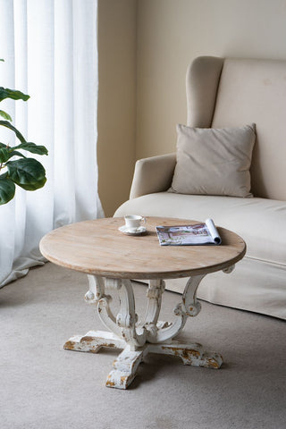 Round Wooden Coffee Table With Distressed Scrollwork Legs - Multicolor