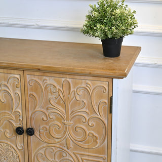 Accent Flower Carved Door Sideboard Cabinet With 2 Drawers For Kitchen - Natural Wood Wash / White