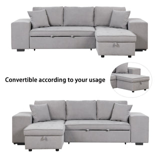 Modern L-Shape 3 Seat Reversible Sectional Couch, Pull Out Sleeper Sofa With Storage Chaise And 2 Stools For Living Room Furniture Set