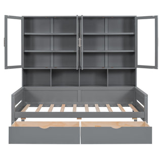 Daybed With Glass Door Storage Cabinets, Built In LED Lighting And Shelves