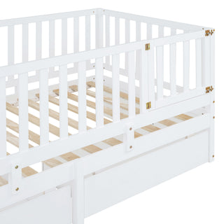 Daybed With Fence Guardrails And 2 Drawers, Split Into Independent Floor Bed & Daybed