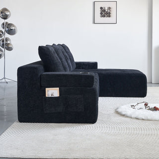 L - Shaped Sectional Sofa With Side Pockets, Wireless Charging, USB Ports, Cup Holder, Bluetooth Speaker, Reversible Lounge Chaise - Black