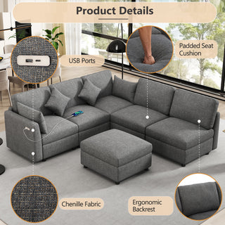 Sectional Sofa Modular U-Shaped With Ottoman & USB Ports